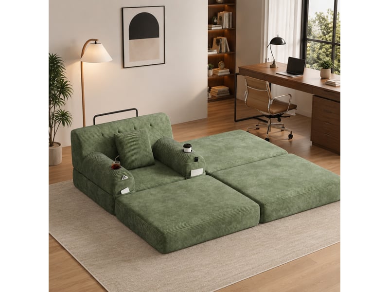  Fauteuil-lit modenvie 1 place convertible avec repose-pieds en velours côtelé vert 107 x 162 x 81 cm  - Conforama E