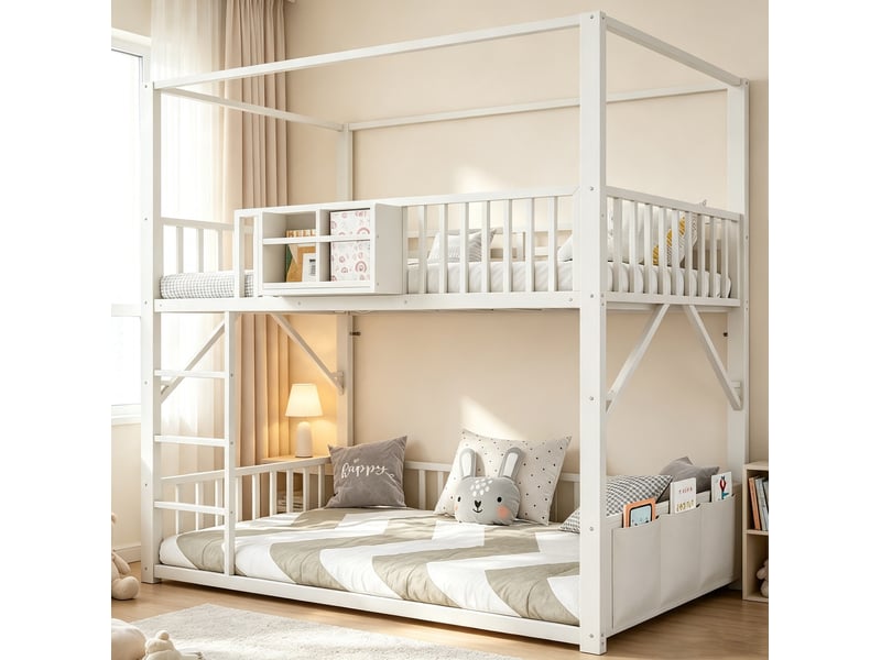  Lit superposé enfant 90x200 cm en métal blanc avec structure de toit et rangements  - Conforama B