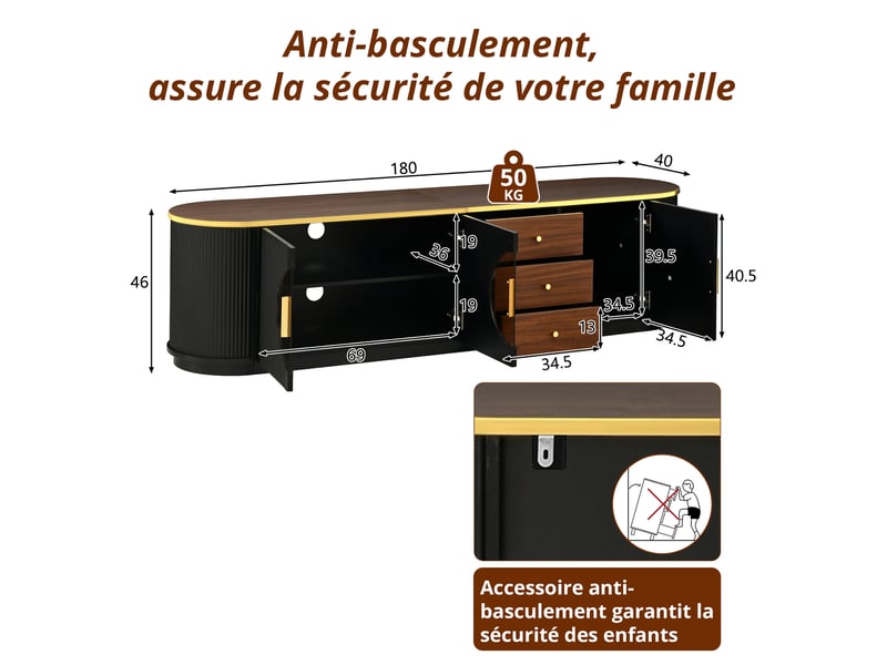  Meuble tv 180 cm-style luxe-3 portes et 3 tiroirs-noir-mdf GL Store - Conforama C
