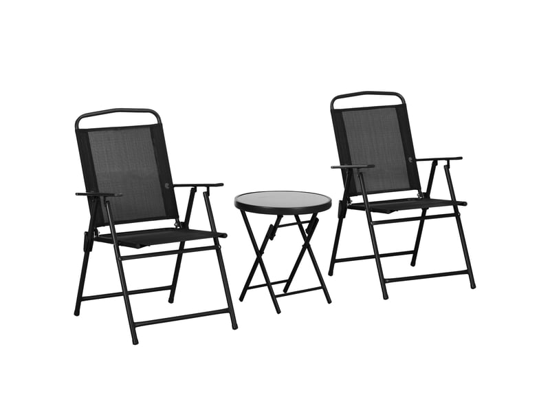  Ensemble de jardin 3 pièces comprenant 2 chaises (53,5 x 64 x 93 cm) et une table basse (ø 45 x 50 cm), en métal noir.  - Conforama B