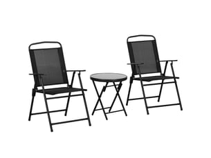 Ensemble de jardin 3 pièces comprenant 2 chaises (53,5 x 64 x 93 cm) et une table basse (ø 45 x 50 cm), en métal noir.
