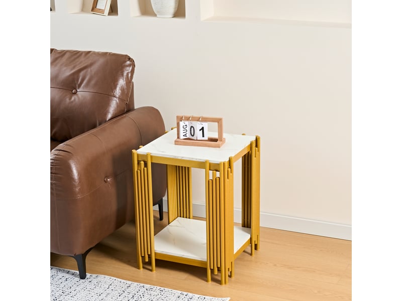  Table de chevet avec 2 étagères de rangement pour chambre en mdf et métal blanc et doré  - Conforama C