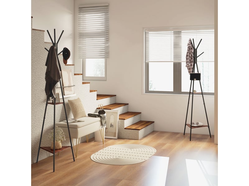Lot de 2 porte-manteaux trépied meuble d'entrée style industriel branches 2 étagères + 6 métal patères noir - Conforama R