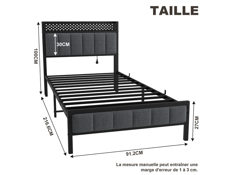  Lit simple 90x200 cm métal noir, tête de lit rembourrée rayée, 2 usb, tablette 18cm, rangement sous lit 27cm  - Conforama C