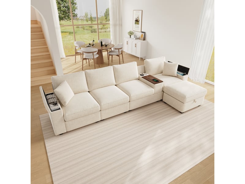  Canapé d'angle modulable 5 places en chenille beige, avec pouf de rangement, table pivotante et ports usb, idéal pour grand salon.  - Conforama E