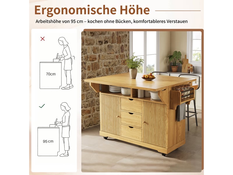 Desserte de cuisine avec rallonges 3 tiroirs mdf métal marron 142.5x80x95 cm N620CC260704A - Conforama D