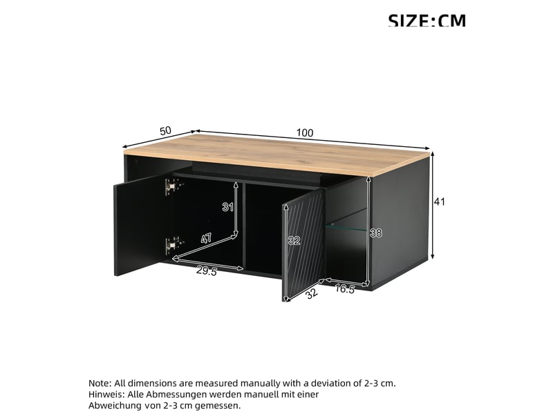  Table basse 100x50x41 cm avec led et rangement, table de salon, pour le salon, panneaux de particules, coloris noir  - Conforama C