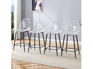 Tabouret de bar lot de 4 avec dossier et repose-pieds, coque transparente en plastique, piètement métal noir
