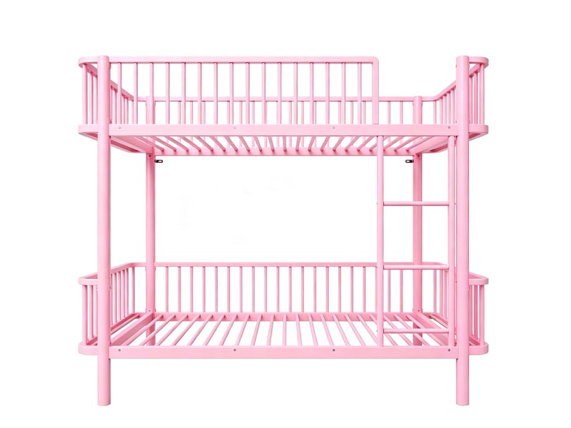  Lit superposé enfant 90x200 cm rose métal, barrières de sécurité et échelle pour chambre partagée  - Conforama D