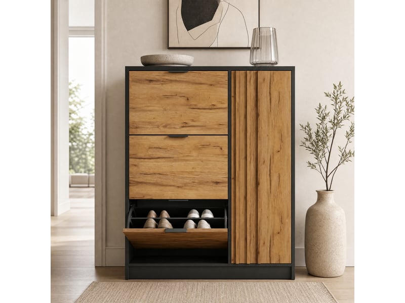  Meuble à chaussures 100x30x130 cm en mdf avec 3 compartiments rabattables et 1 porte naturel et noir chicfurn  - Conforama C