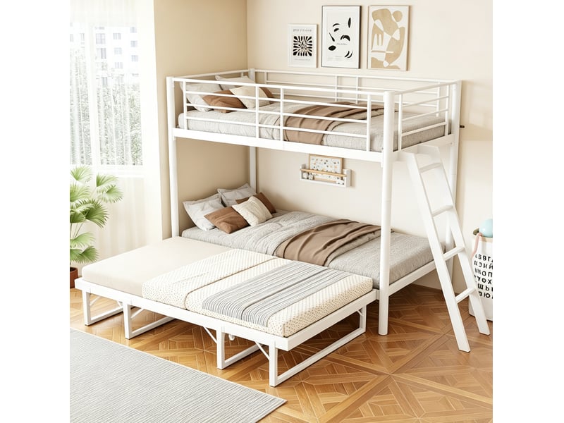  Lit superposé en métal 90x200 cm avec lit gigogne, coloris blanc  - Conforama B