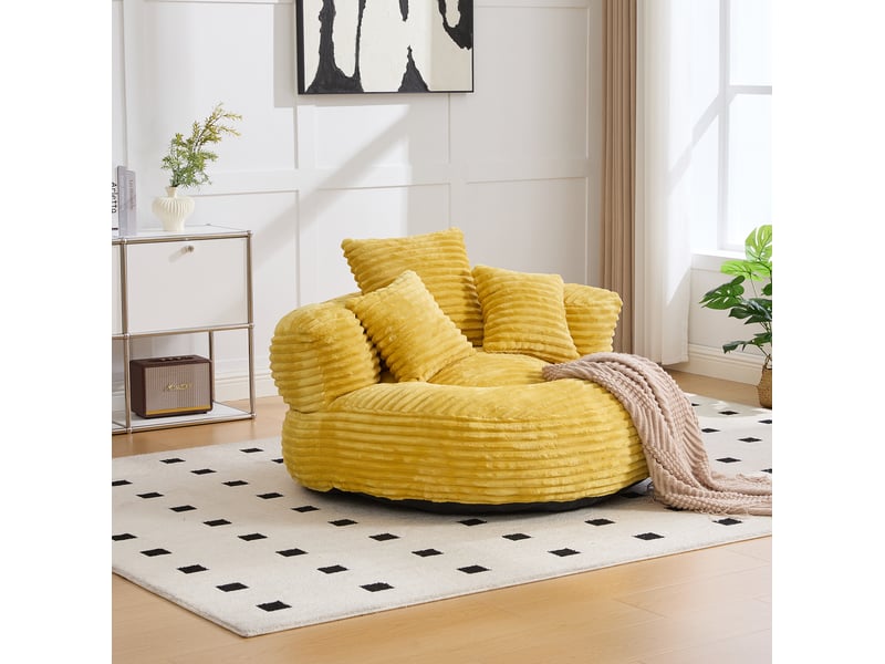  Fauteuil poire 108x108x52 cm grand dossier accoudoirs ergonomique confort mousse rembourré velours côtelé jaune moutarde  - Conforama R
