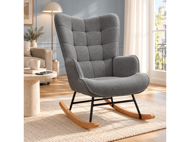  Chaise à bascule, fauteuil a bascule avec polaire sherpa, allaitement fauteuil pour salon, chambre, balcon, gris foncé  - Conforama B