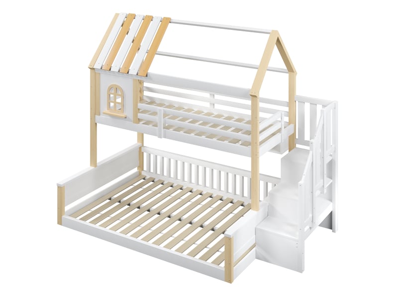  Lit superposé maison blanc et naturel 90/140x200 cm, led, fenêtres et rangements  - Conforama D
