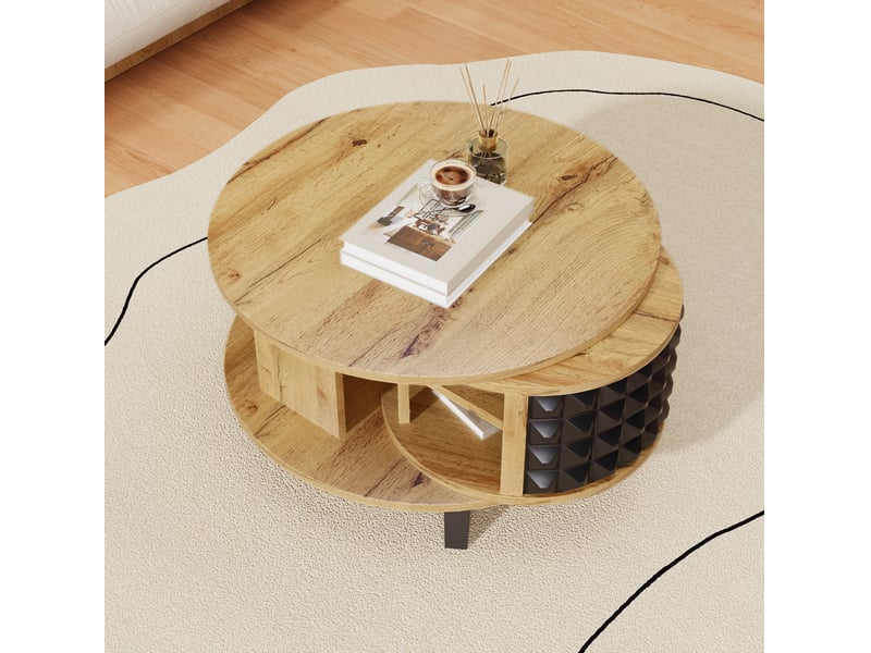  Table basse ronde 80 cm tournante avec rangement caché, table de salon, pour salon, aggloméré, couleur bois et noir  - Conforama D
