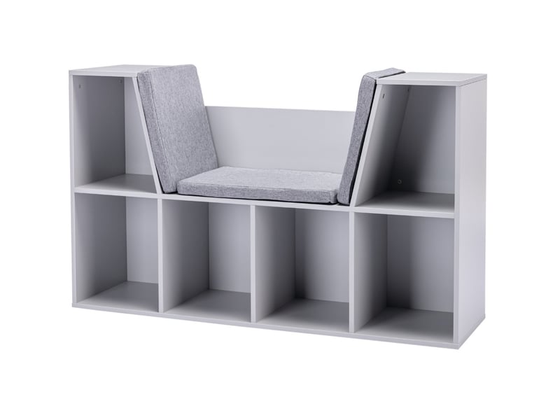  Bibliothèque enfant avec banc de rangement 103 x 30 x 62 cm – gris – 6 compartiments avec 3 coussins  - Conforama A