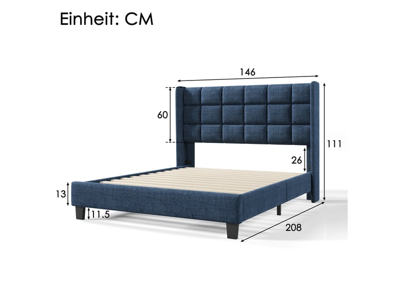 Lit double 140x200 cm bleu en lin avec tête de lit et sommier à lattes - Conforama C
