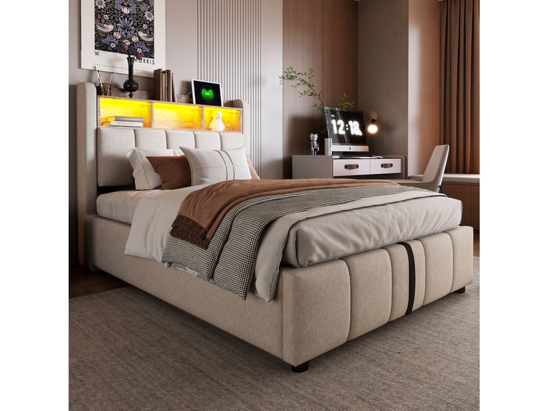  Lit rembourré tcqpz 90 x 200 cm led usb type-c rangement hydraulique tête de lit avec étagères lin beige  - Conforama D
