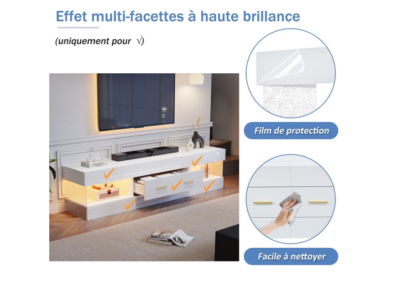 Meuble tv,152x35x40 cm,avec led et 2 tiroirs,mdf,blanc - Conforama E