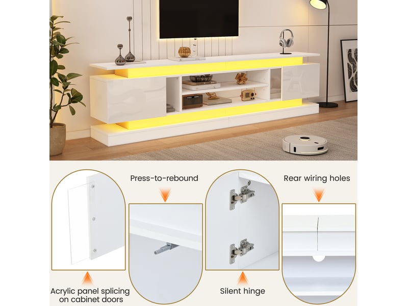  Meuble tv blanc brillant 180 x 35 x 60 cm avec led rgb bluetooth  - Conforama E