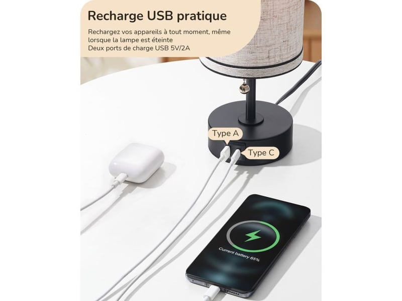  Lampe chevet moderne lot de 2 noir avec abat-jour lin beige usb a usb c 370618_AACKK36331_6_DROPFR - Conforama D