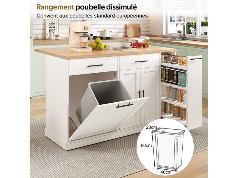Îlot de cuisine mobile 120x45 (70)x93 cm, desserte avec plan de travail rabattable, tiroirs, étagère à épices, mdf blanc - Conforama D