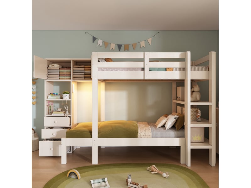  Lit superposé 90x200 cm avec veilleuse intelligente et rangement intégré, bois et métal, couleur blanc, sans matelas  - Conforama E