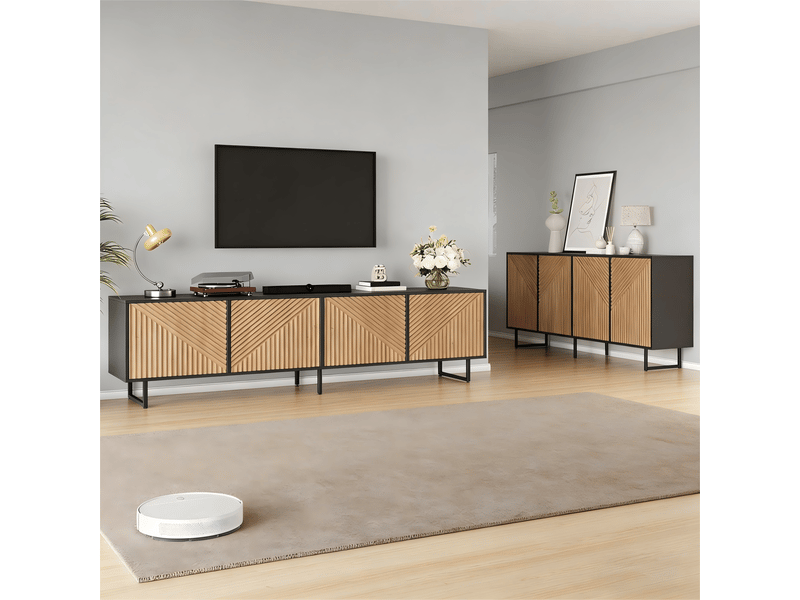  Ensemble rayofi meuble tv 180 x 40 x 50 cm et buffet 160 x 40 x 75 cm, bois naturel et noir, 4 portes, capacité 40 kg  - Conforama C