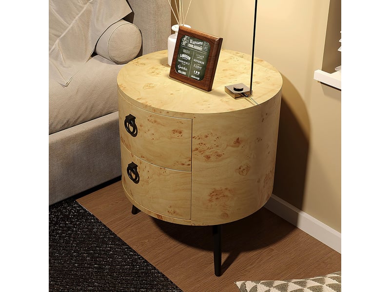  Table d'appoint ronde 2 tiroirs, bout canapé, chevet, style mid-century, bois naturel, pieds métal, rangement salon chambre PHO_346UKRXP - Conforama D