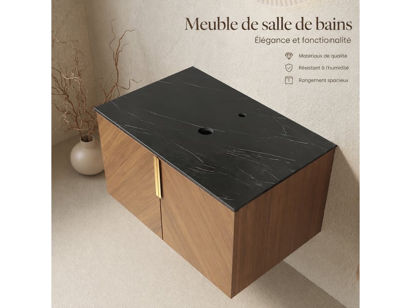  Meuble vasque 76 cm effet chêne brun avec plan de toilette en pierre frittée noire  - Conforama E