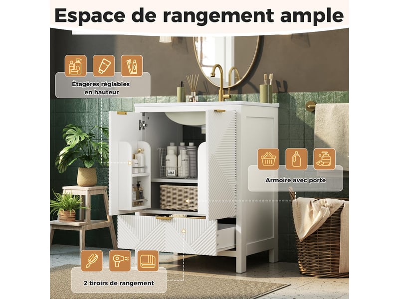  Meuble sous-vasque avec vasque en céramique 2 portes 1 tiroir blanc 61x47x87 cm N888P48778283W - Conforama D