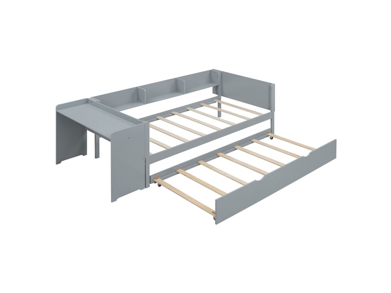  Lit plateforme 90x200 cm gris avec bureau intégré, tiroir et 3 étagères latérales  - Conforama A