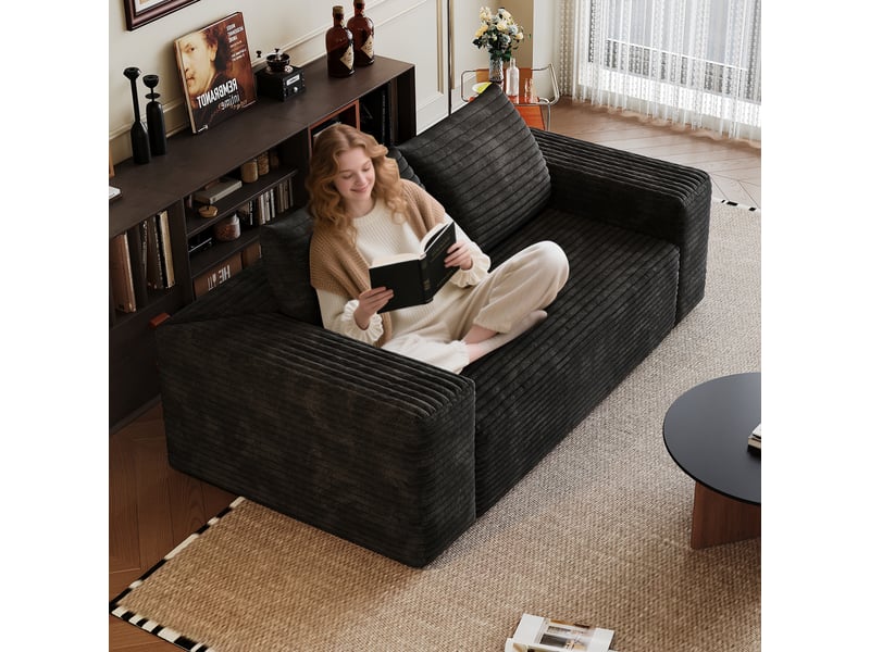 Canapé 2 places 180 cm velours côtelé noir, petit canapé assise profonde en mousse sans montage - Conforama R