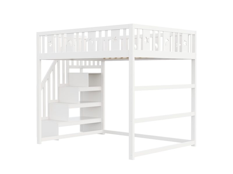  Lit superposé enfant 140*200 cm blanc en bois massif, échelle, garde-corps et déco étoiles.  - Conforama A