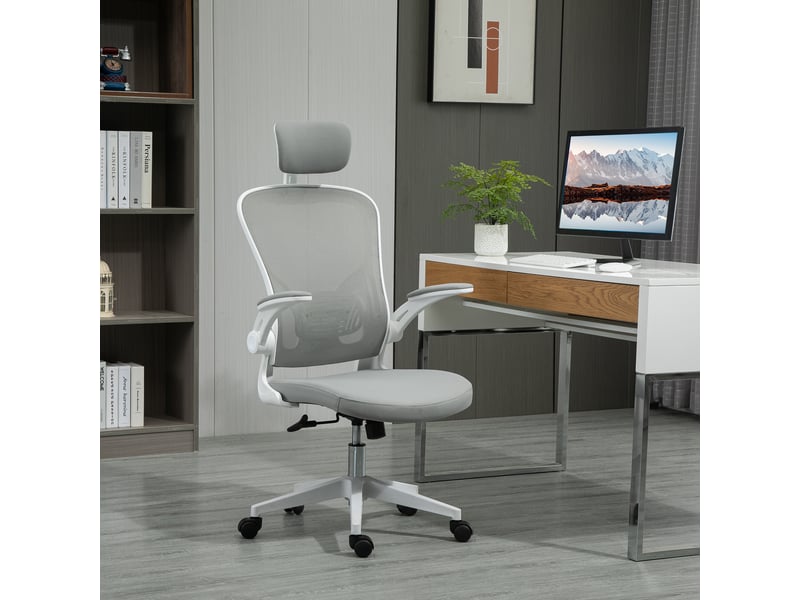  Fauteuil bureau ergonomique bascule, dossier haut, lombaire, appui-tête, accoudoirs rabattables, gris, 65x64x114-122 cm.  - Conforama C