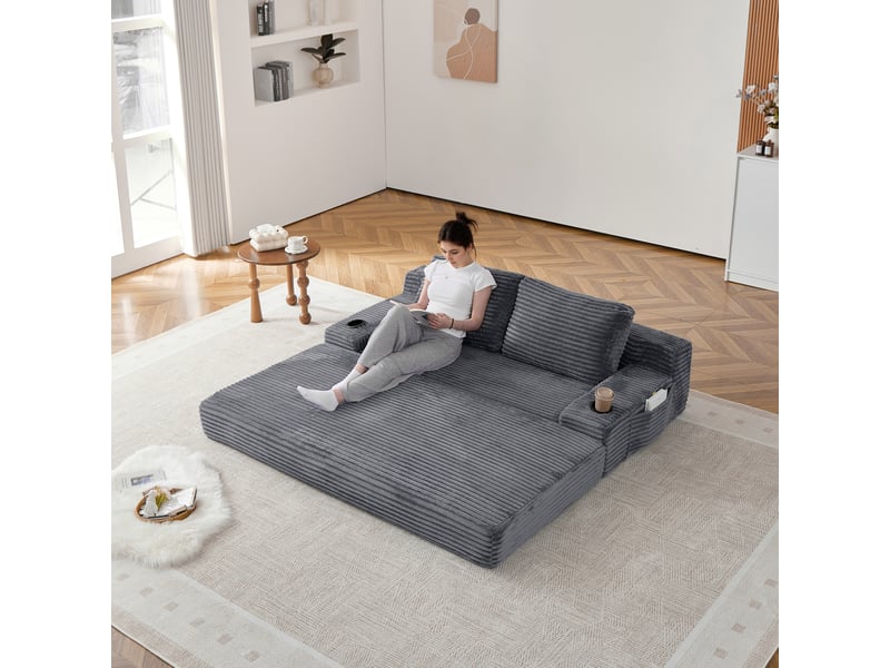 Canapé convertible 2-en-1 en velours côtelé 2 places, 2 coussins inclus, porte-gobelets, rangements latéraux - Conforama W