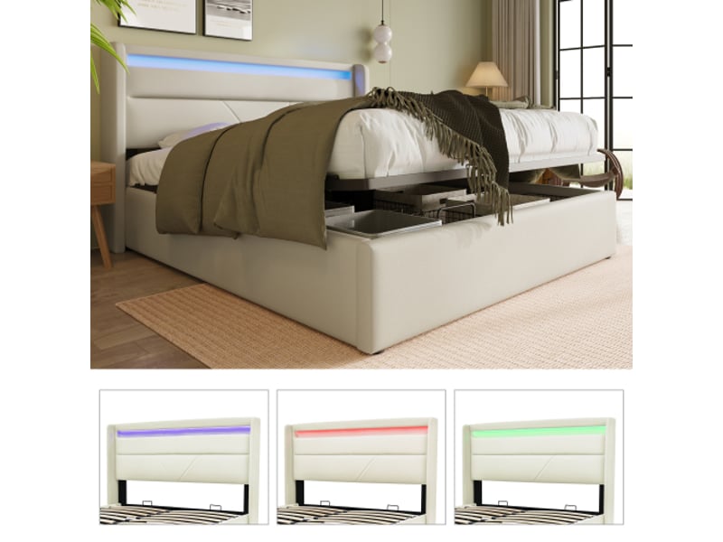 Lit coffre hydraulique double 160 x 200 cm, lit rembourré, avec bande led, pu, matelas inclus, blanc - Conforama E