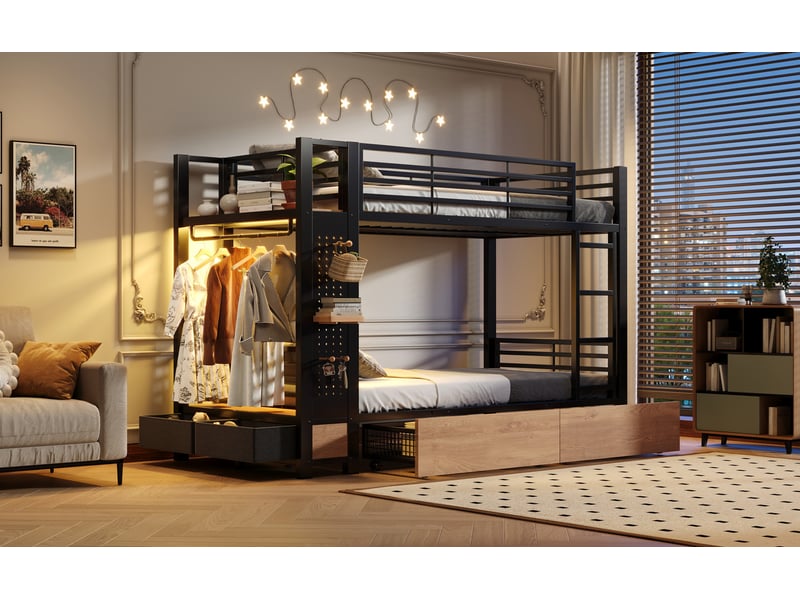  Lit enfant superposé ，90x200 cm， avec tiroirs rangement led， métal， noir  - Conforama B