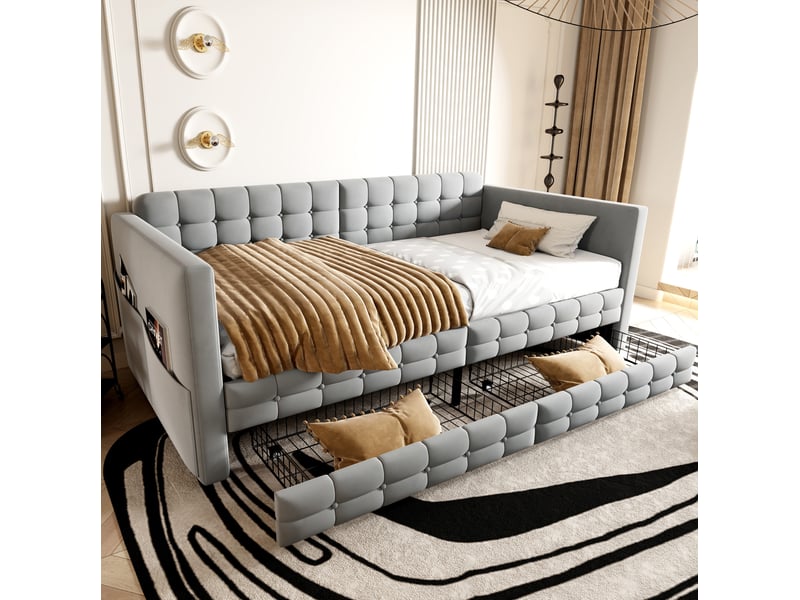  Lit rembourré 90x190 cm, 2 tiroirs, poches de rangement, motif carreaux classique, mdf, gris clair, sans matelas  - Conforama E