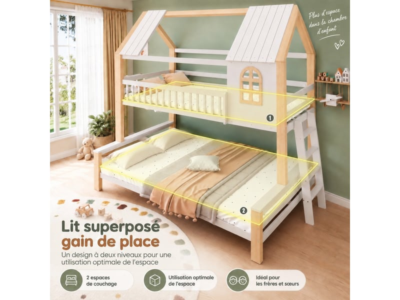  Lit superposé enfant 90x200140x200 - lit cabane enfant avec escalier et barrières - lit superposé 2 places - blanc et naturel  - Conforama D