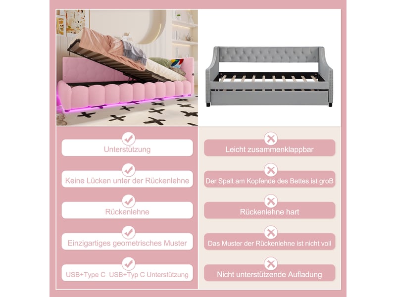 Lit banquette 90x200 rose avec éclairage led - lit coffre hydraulique velours avec ports usb - Conforama R