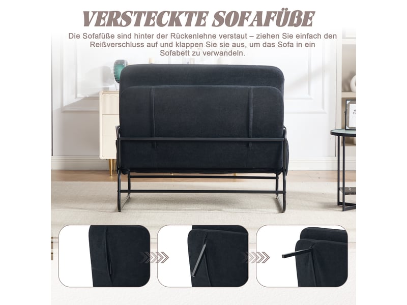  Canapé convertible 2 places avec poches latérales et coussin lombaire, structure métal, chenille noir, 104×85×92 cm  - Conforama E