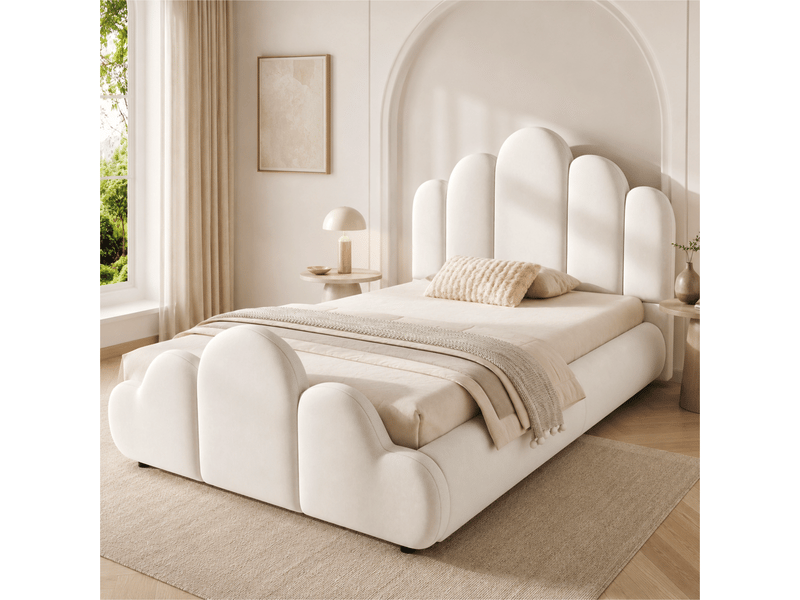  Lit enfant simple 90x200 cm avec tête de lit rembourrée, coins arrondis, velours beige Seren Glow - Conforama B