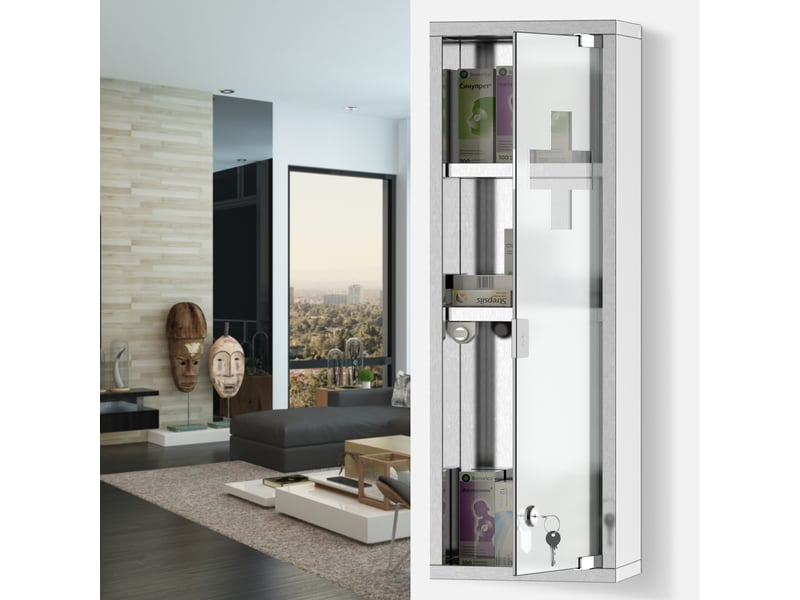  Armoire à pharmacie 2 étagères 3 niveaux 20l x 12l x 58h cm porte verre trempé symbole croix acier inox.  - Conforama D