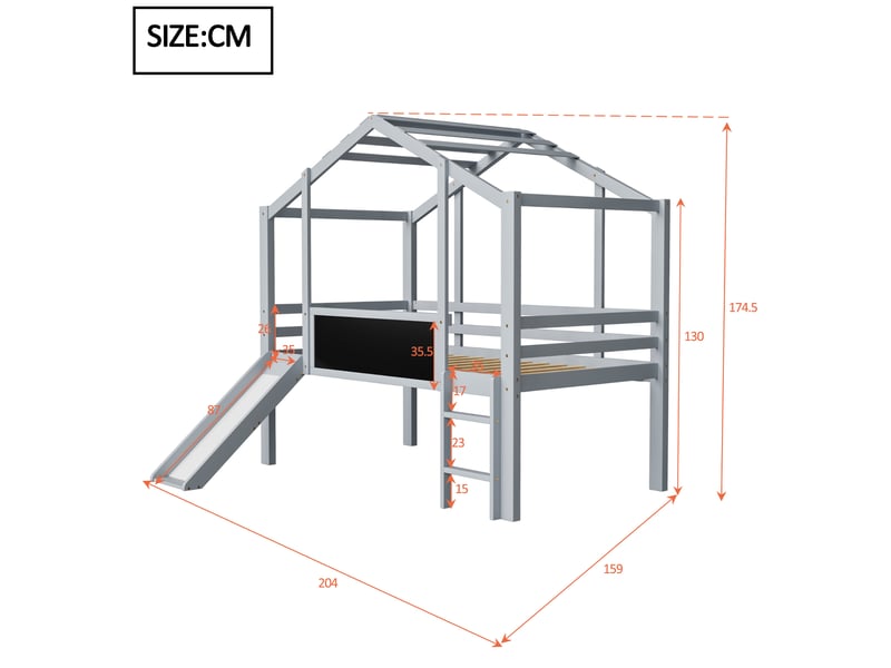  Lit mezzanine enfant 90 x 200 cm gris avec toboggan, échelle et tableau  - Conforama E
