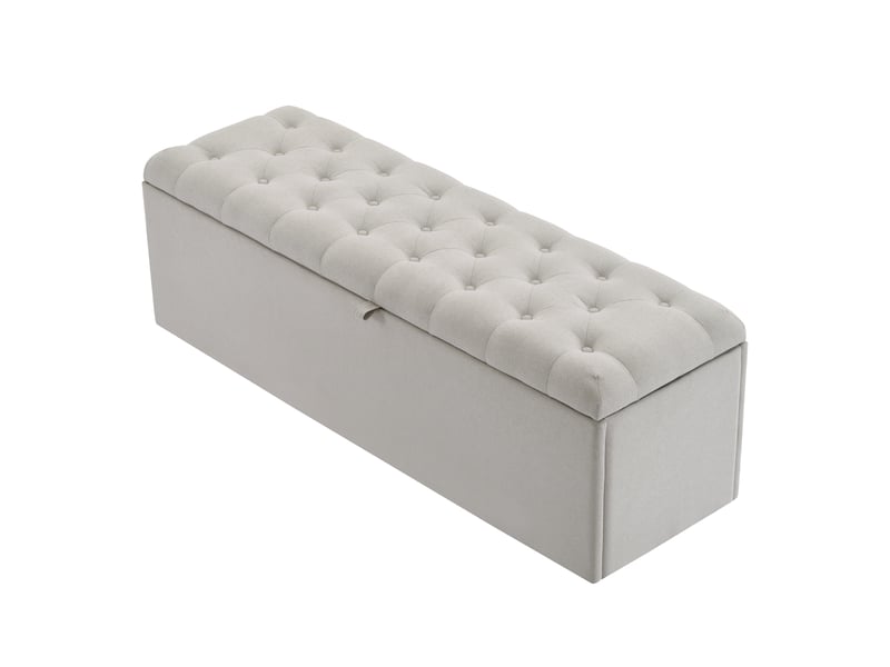  Banc de rangement en lin, coffre bout de lit 141 cm, pouf capitonné avec grand espace, bout de lit gris clair pour chambre.  - Conforama A
