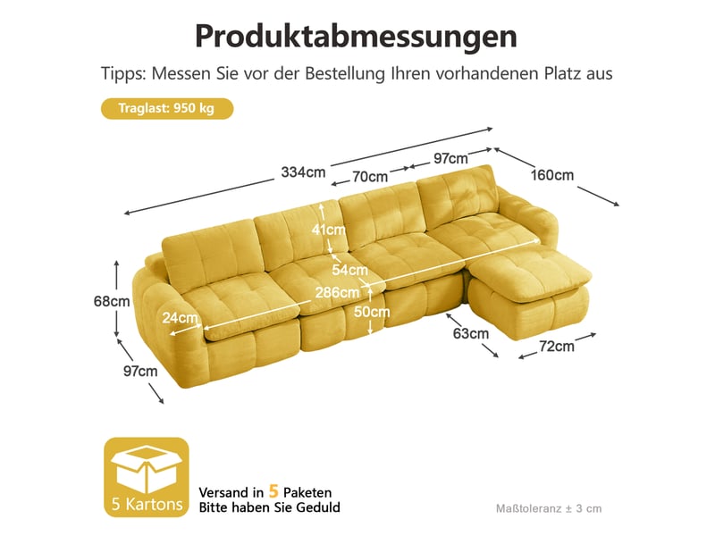  Canapé d'angle modulable 4 places avec ottoman, en chenille jaune  - Conforama C