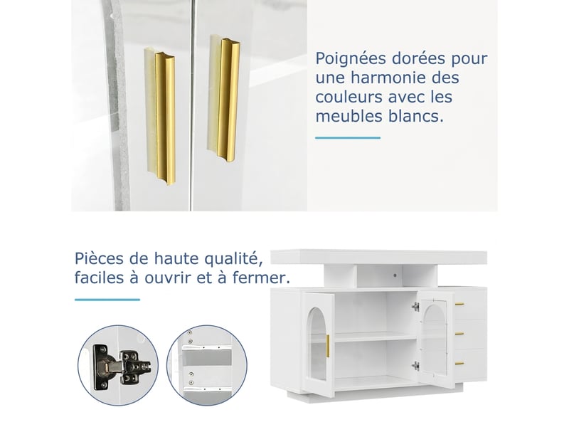 Buffet blanc brillant avec led 120 cm - meuble de rangement cuisine 3 tiroirs et portes acrylique - Conforama D