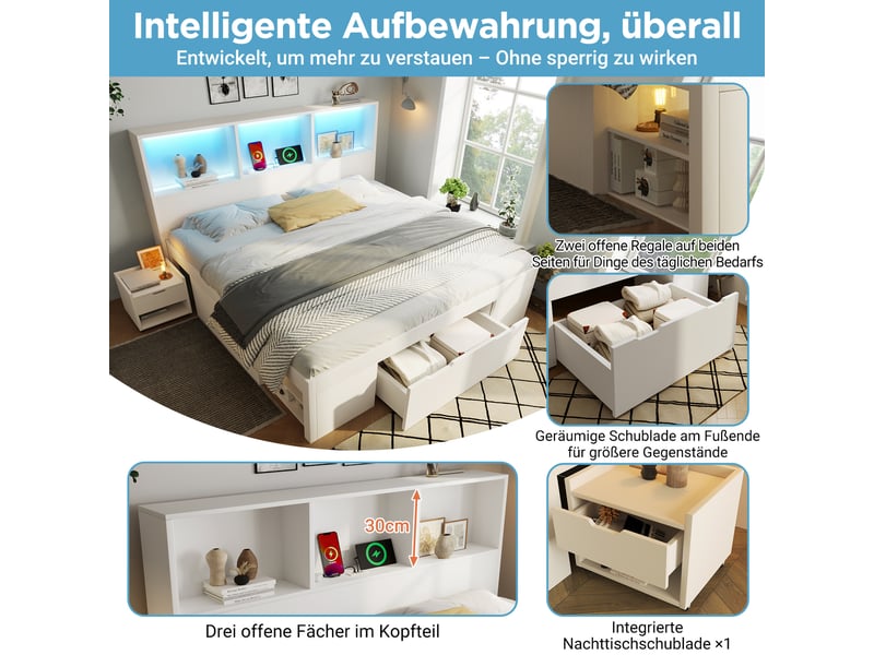 Rayofi lit simple blanc 90x200 cm avec rangement et table de chevet amovible, éclairage led, ports usb-cusb, tiroirs intégrés, matelas non inclus - Conforama E