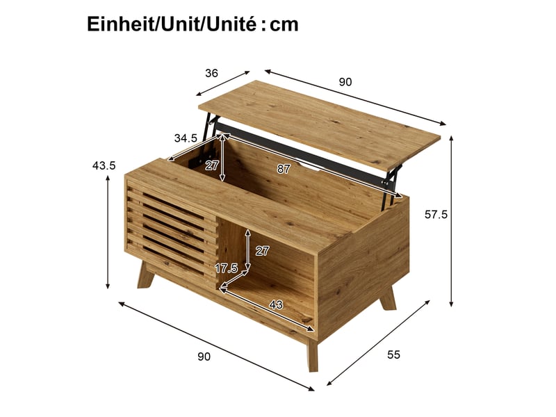 Table basse relevable en mdf bois clair, porte coulissante à lames et rangement, style vintage pour le salon - Conforama C